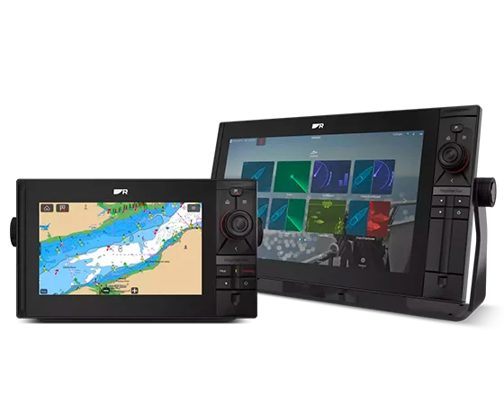 16-inch Axiom 2 Pro S marine chartplotter displaying navigation map, Axiom 2 Pro S with HybridTouch interface in use, Axiom 2 Pro S installed in a vessel's dashboard, Axiom 2 Pro S LCD display showing navigation details.